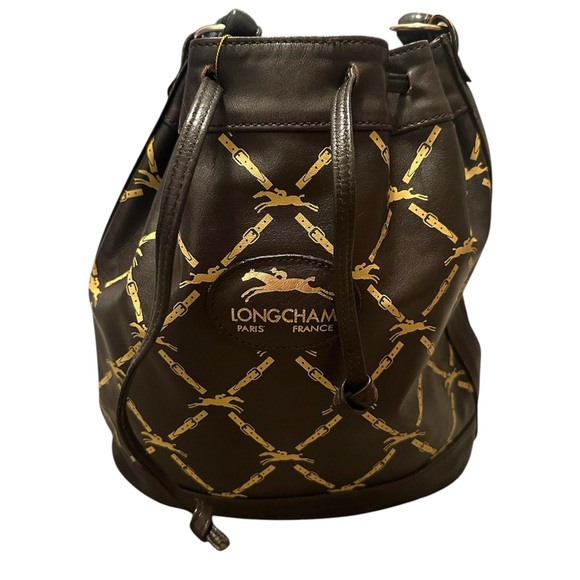 LONGCHAMP BROWN AND TAN LEATHER DRAWSTRING BUCKET SHOULDER BAG - Picture 3 of 6